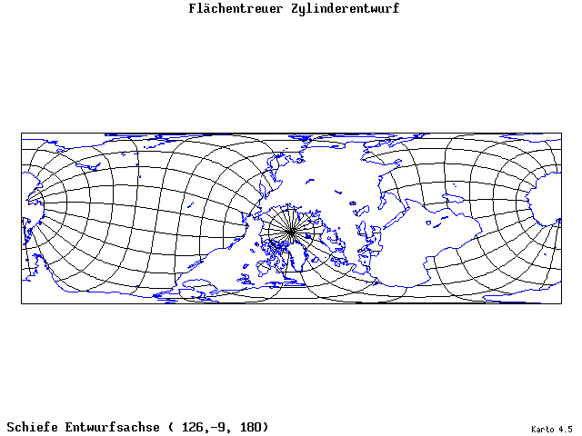Cylindrical Equal-Area Projection - 126°E, 9°S, 180° - wide