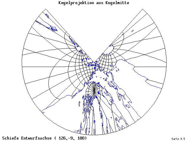 Conical Gnomonic Projection - 126°E, 9°S, 180° - wide