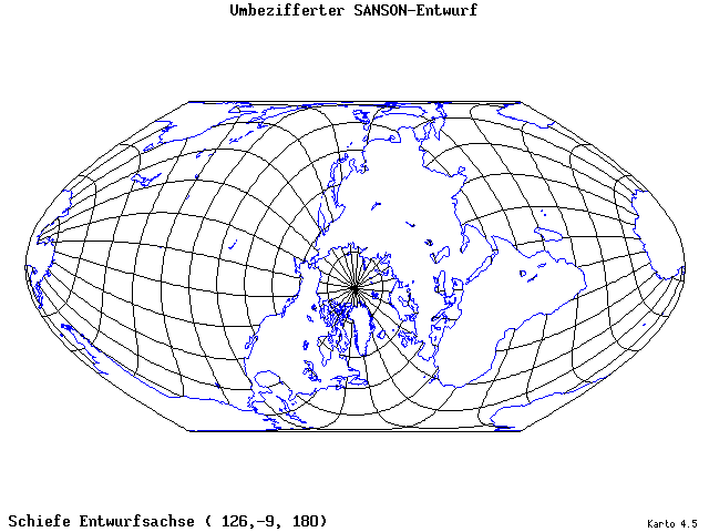 Sanson's Projection (modified) - 126°E, 9°S, 180° - wide