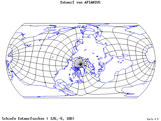 Apianius' Projection - 126°E, 9°S, 180° - wide