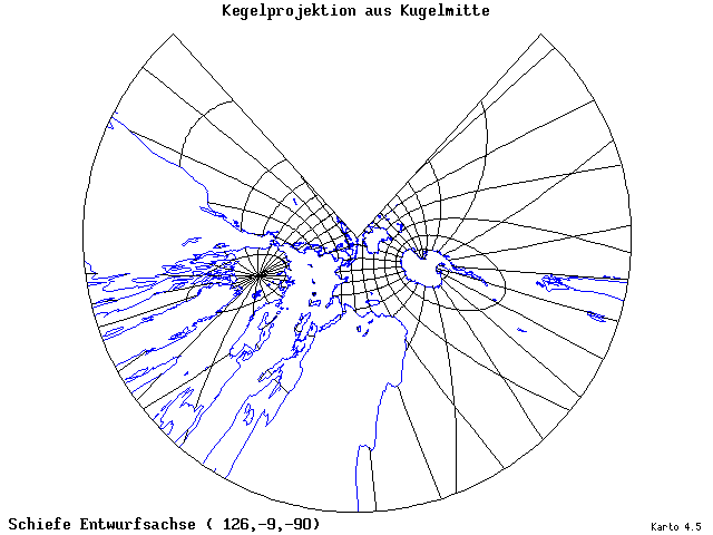 Conical Gnomonic Projection - 126°E, 9°S, 270° - wide