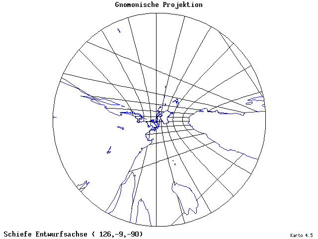 Gnomonic Projection - 126°E, 9°S, 270° - wide