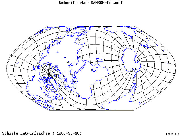 Sanson's Projection (modified) - 126°E, 9°S, 270° - wide