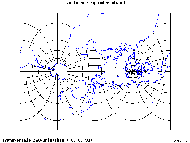 Mercator's Cylindrical Conformal Projection - 0°E, 0°N, 90° - standard