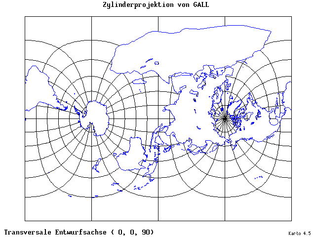 Gall's Cylindrical Projection - 0°E, 0°N, 90° - standard