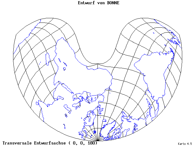 Bonne's Projection - 0°E, 0°N, 180° - standard