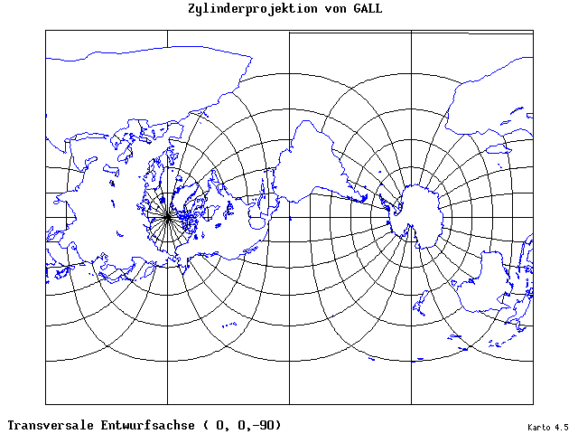 Gall's Cylindrical Projection - 0°E, 0°N, 270° - standard