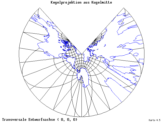 Conical Gnomonic Projection - 0°E, 0°N, 0° - wide