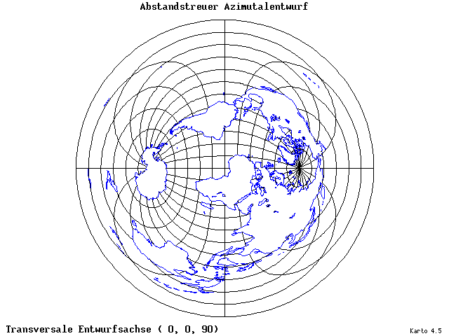 Azimuthal Equidistant Projection - 0°E, 0°N, 90° - wide