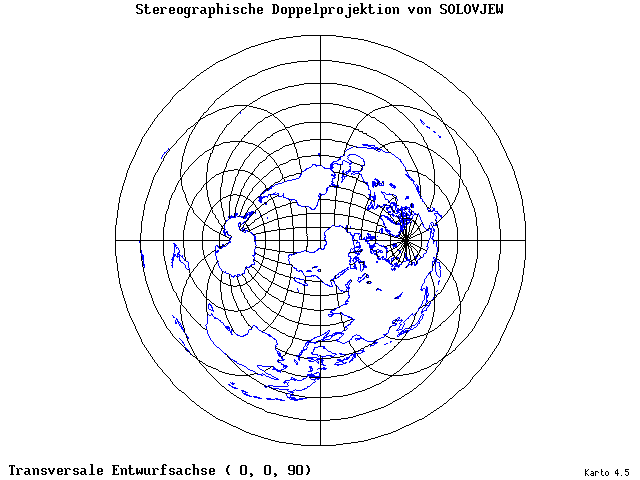 Solovjev's Double-Stereographic Projection - 0°E, 0°N, 90° - wide