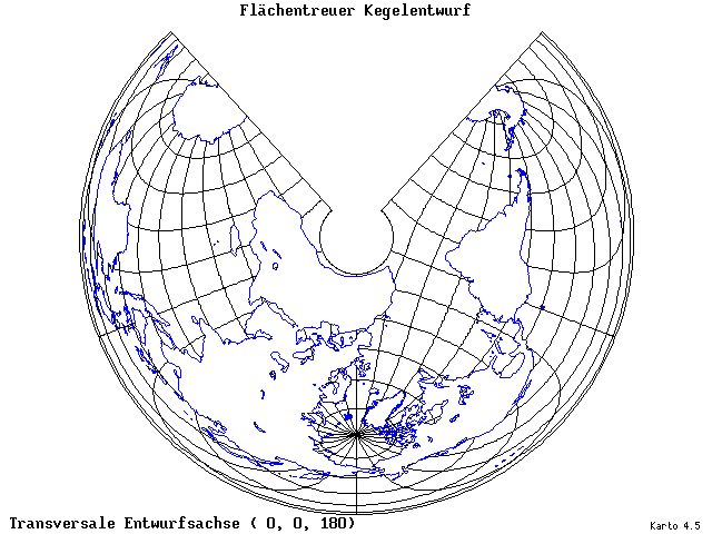 Conical Equal-Area Projection - 0°E, 0°N, 180° - wide