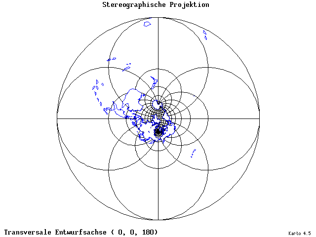 Stereographic Projection - 0°E, 0°N, 180° - wide