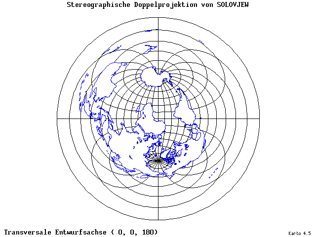Solovjev's Double-Stereographic Projection - 0°E, 0°N, 180° - wide