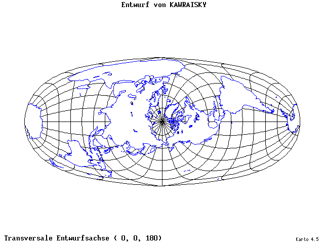 Kavraisky's Projection - 0°E, 0°N, 180° - wide