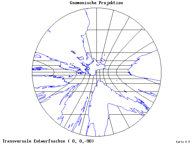 Gnomonic Projection - 0°E, 0°N, 270° - wide