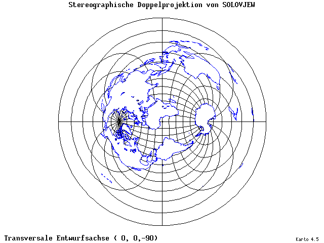 Solovjev's Double-Stereographic Projection - 0°E, 0°N, 270° - wide