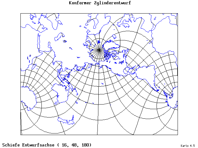 Mercator's Cylindrical Conformal Projection - 16°E, 48°N, 180° - standard
