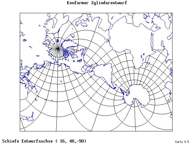 Mercator's Cylindrical Conformal Projection - 16°E, 48°N, 270° - standard