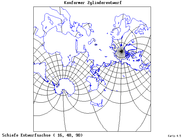 Mercator's Cylindrical Conformal Projection - 16°E, 48°N, 90° - wide