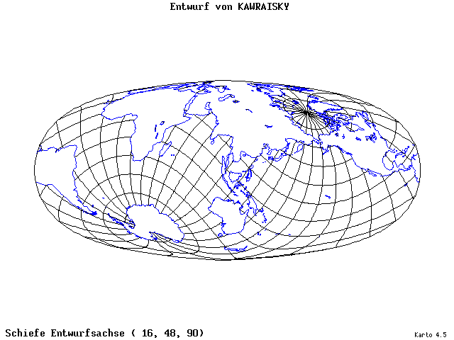 Kavraisky's Projection - 16°E, 48°N, 90° - wide