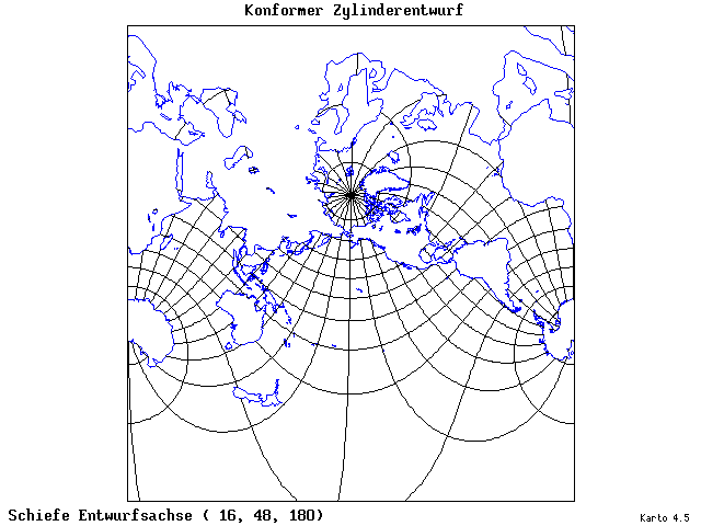Mercator's Cylindrical Conformal Projection - 16°E, 48°N, 180° - wide