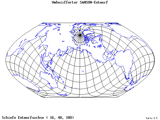 Sanson's Projection (modified) - 16°E, 48°N, 180° - wide