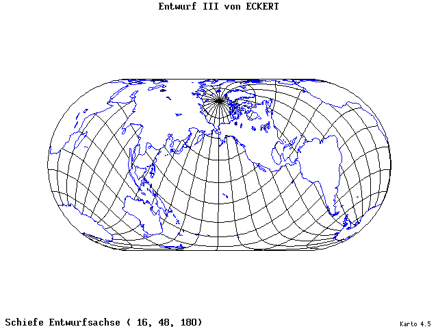Pseudocylindrical Projection (Eckhart III) - 16°E, 48°N, 180° - wide