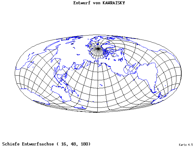 Kavraisky's Projection - 16°E, 48°N, 180° - wide