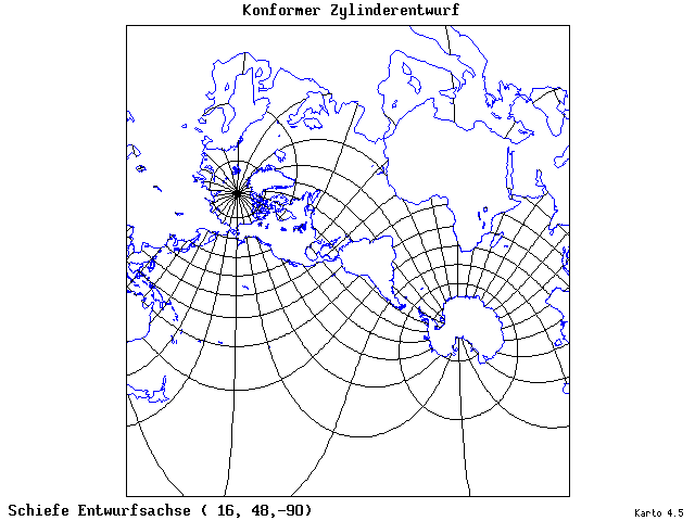 Mercator's Cylindrical Conformal Projection - 16°E, 48°N, 270° - wide