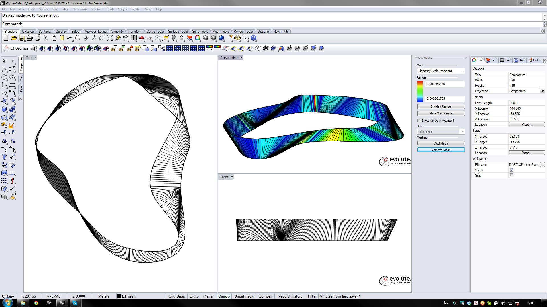 Screenshot showing optimization of a single ruled strip towards developability