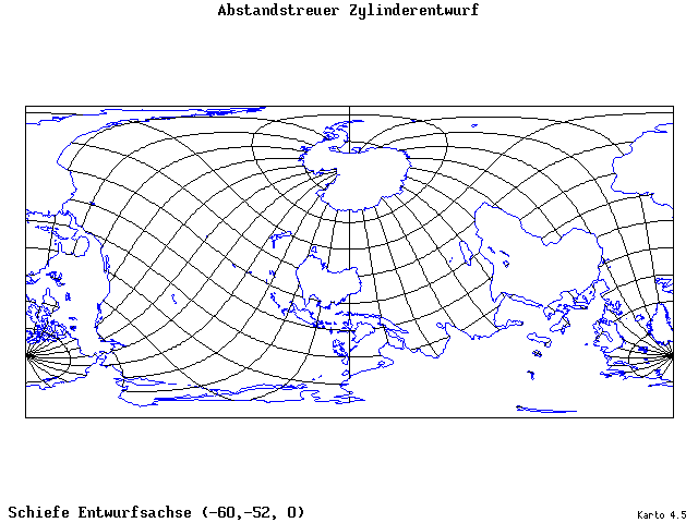 Cylindrical Equidistant Projection - 60°W, 52°S, 0° - standard
