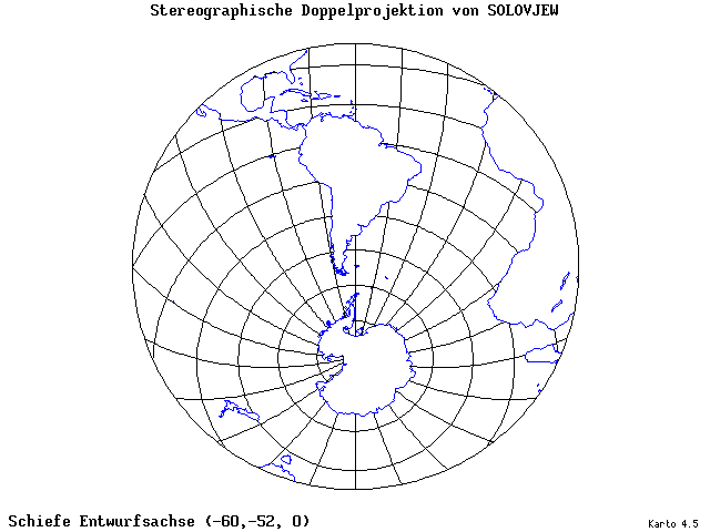 Solovjev's Double-Stereographic Projection - 60°W, 52°S, 0° - standard