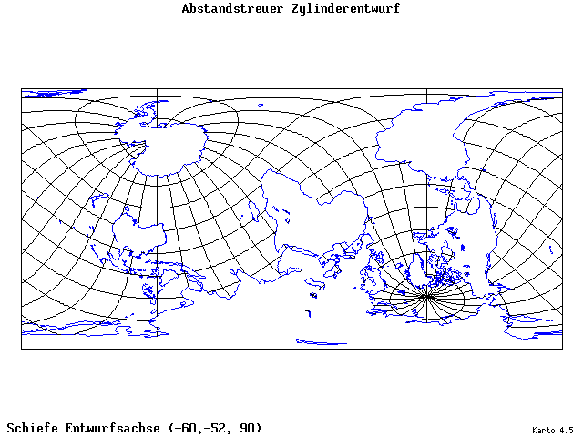 Cylindrical Equidistant Projection - 60°W, 52°S, 90° - standard