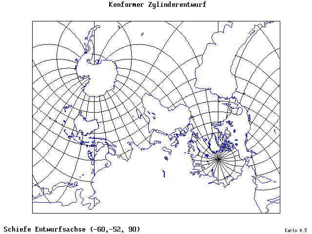 Mercator's Cylindrical Conformal Projection - 60°W, 52°S, 90° - standard