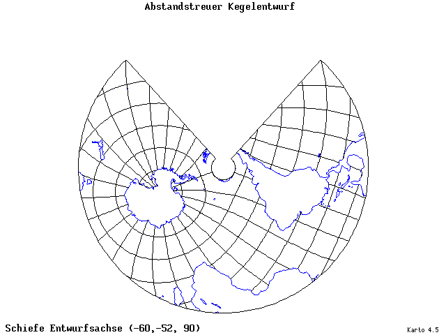 Conical Equidistant Projection - 60°W, 52°S, 90° - standard