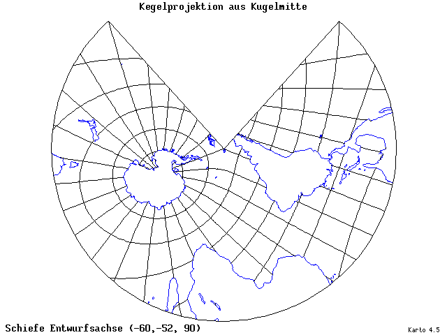 Conical Gnomonic Projection - 60°W, 52°S, 90° - standard