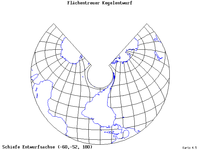 Conical Equal-Area Projection - 60°W, 52°S, 180° - standard