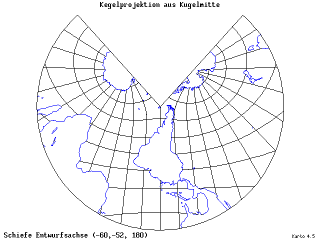 Conical Gnomonic Projection - 60°W, 52°S, 180° - standard