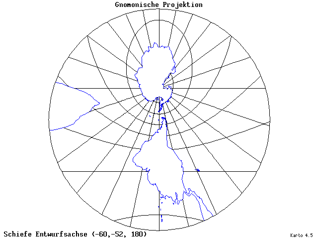 Gnomonic Projection - 60°W, 52°S, 180° - standard