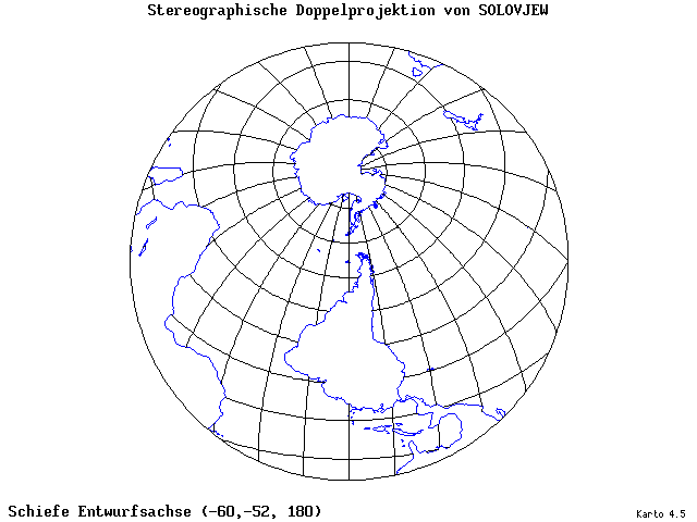 Solovjev's Double-Stereographic Projection - 60°W, 52°S, 180° - standard