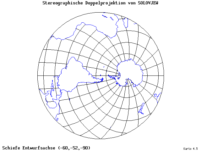 Solovjev's Double-Stereographic Projection - 60°W, 52°S, 270° - standard