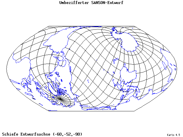 Sanson's Projection (modified) - 60°W, 52°S, 270° - standard