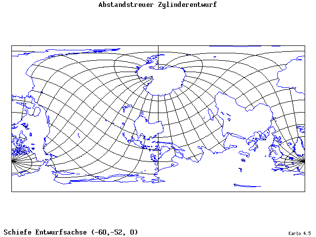 Cylindrical Equidistant Projection - 60°W, 52°S, 0° - wide