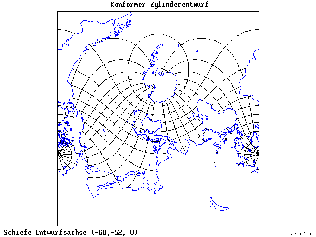 Mercator's Cylindrical Conformal Projection - 60°W, 52°S, 0° - wide