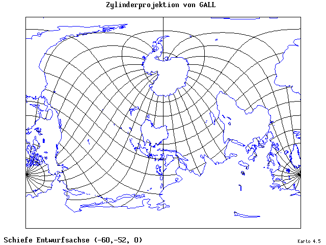 Gall's Cylindrical Projection - 60°W, 52°S, 0° - wide