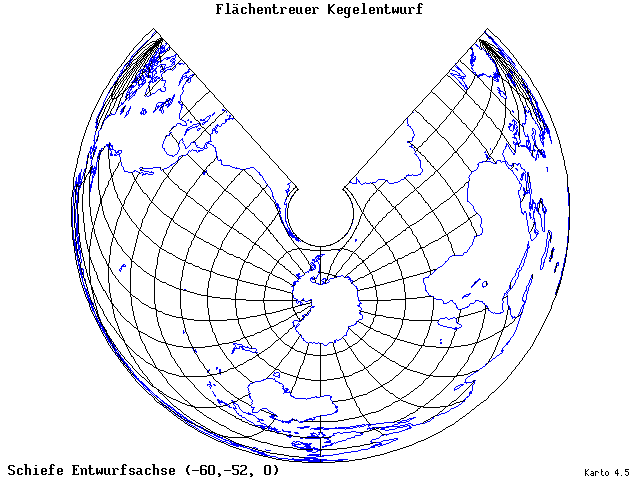 Conical Equal-Area Projection - 60°W, 52°S, 0° - wide