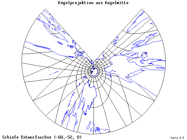 Conical Gnomonic Projection - 60°W, 52°S, 0° - wide