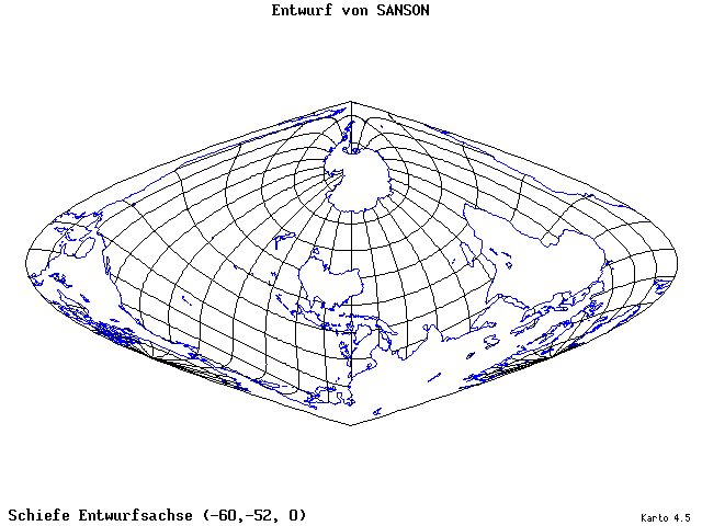 Sanson's Projection - 60°W, 52°S, 0° - wide