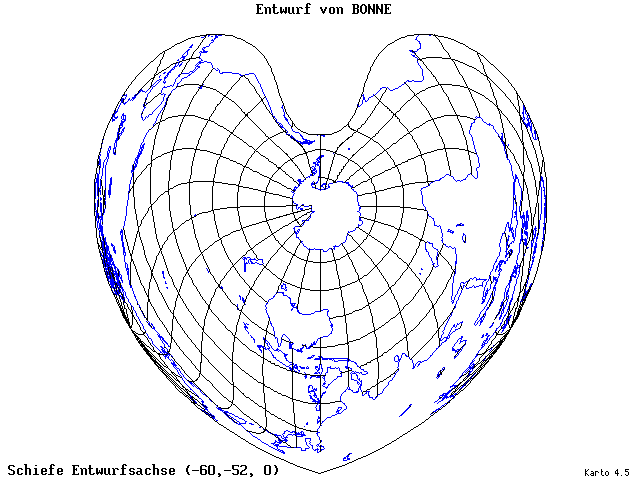 Bonne's Projection - 60°W, 52°S, 0° - wide