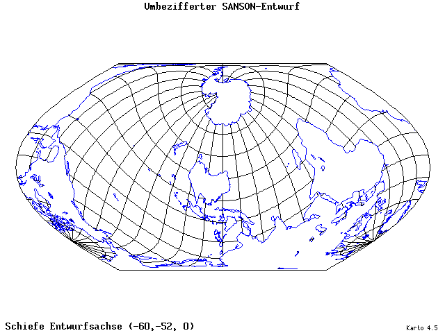 Sanson's Projection (modified) - 60°W, 52°S, 0° - wide